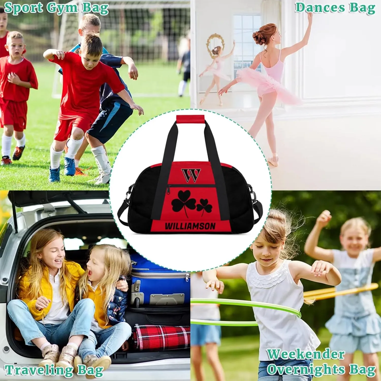Kids Duffle Bag Personalized Gym Bag Overnight Bags, Ideal for Travel and Sports, Suitable for Men Women for Gym, Dance, Yoga, Durable Waterproof Sport Overnight Handbags Clover