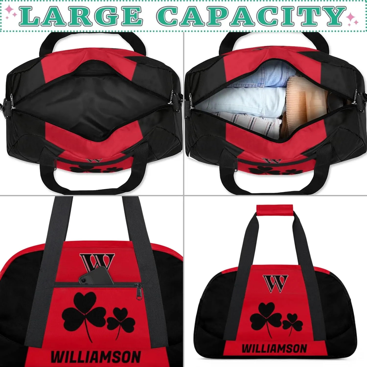 Kids Duffle Bag Personalized Gym Bag Overnight Bags, Ideal for Travel and Sports, Suitable for Men Women for Gym, Dance, Yoga, Durable Waterproof Sport Overnight Handbags Clover