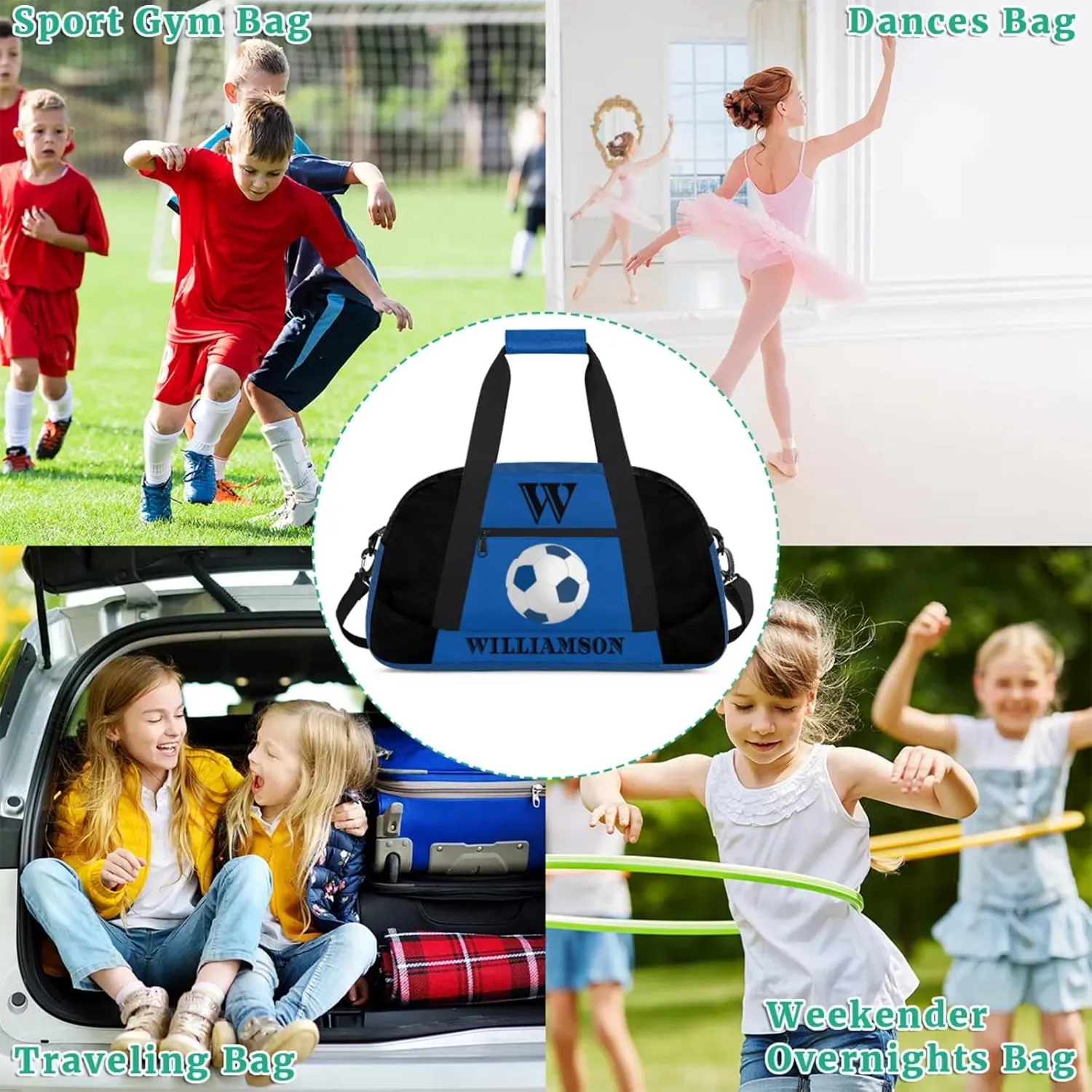 Kids Duffle Bag Personalized Gym Bag Overnight Bags, Ideal for Travel and Sports, Suitable for Men Women for Gym, Dance, Yoga, Durable Waterproof Sport Overnight Handbags Football Blue