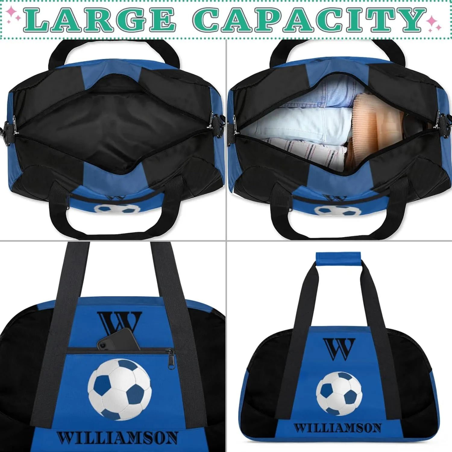 Kids Duffle Bag Personalized Gym Bag Overnight Bags, Ideal for Travel and Sports, Suitable for Men Women for Gym, Dance, Yoga, Durable Waterproof Sport Overnight Handbags Football Blue