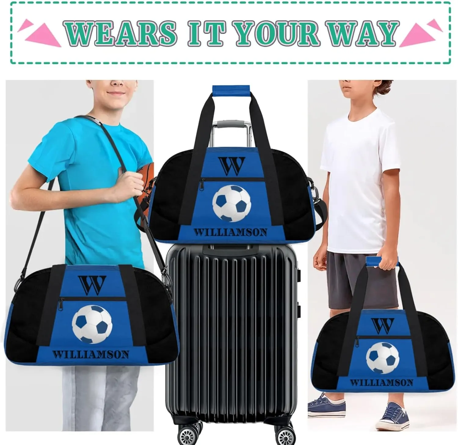 Kids Duffle Bag Personalized Gym Bag Overnight Bags, Ideal for Travel and Sports, Suitable for Men Women for Gym, Dance, Yoga, Durable Waterproof Sport Overnight Handbags Football Blue