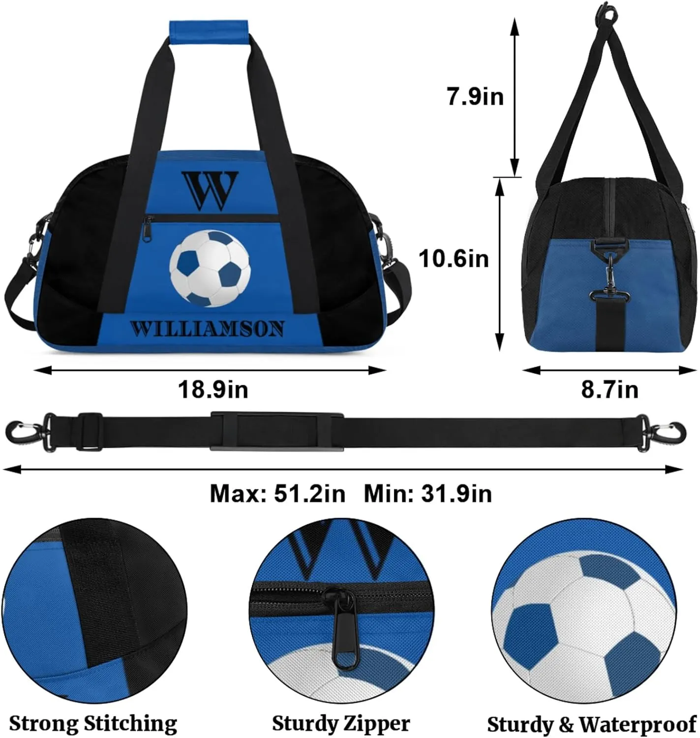 Kids Duffle Bag Personalized Gym Bag Overnight Bags, Ideal for Travel and Sports, Suitable for Men Women for Gym, Dance, Yoga, Durable Waterproof Sport Overnight Handbags Football Blue