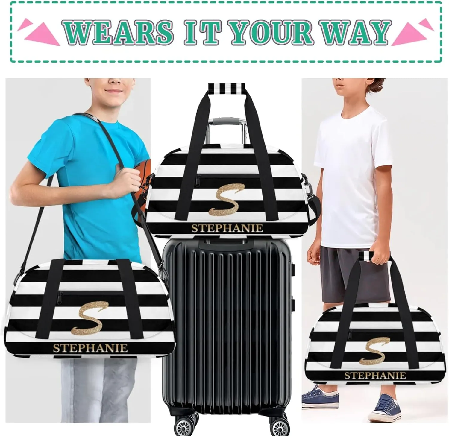 Kids Duffle Bag Personalized Gym Bag Overnight Bags, Ideal for Travel and Sports, Suitable for Men Women for Gym, Dance, Yoga, Durable Waterproof Sport Overnight Handbags Stripe