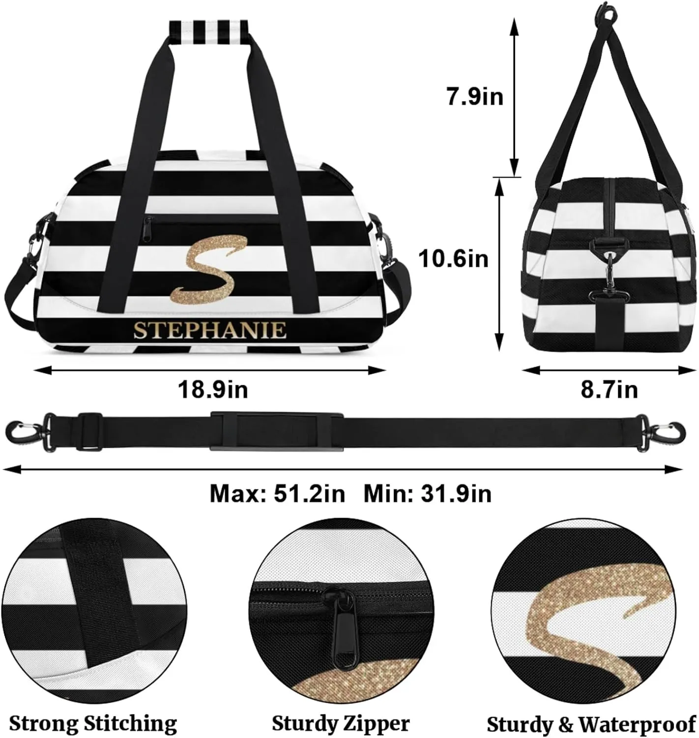 Kids Duffle Bag Personalized Gym Bag Overnight Bags, Ideal for Travel and Sports, Suitable for Men Women for Gym, Dance, Yoga, Durable Waterproof Sport Overnight Handbags Stripe