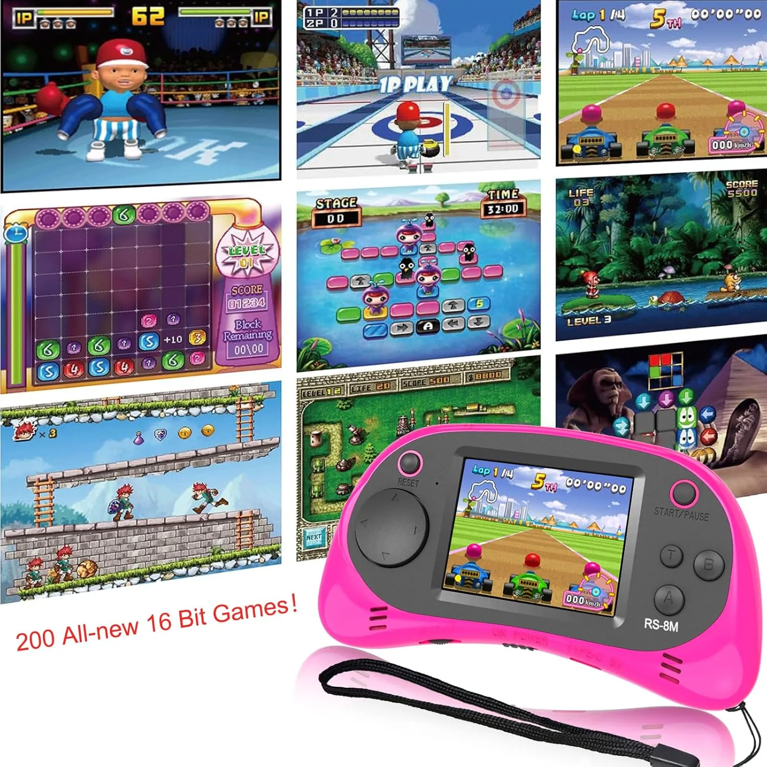 Kids Handheld Game Portable Video Game Player with 200 Games 16 Bit 2.5 Inch Screen Mini Retro Electronic Game Machine (Pink)