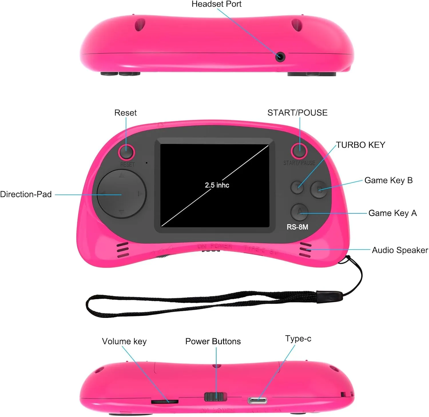 Kids Handheld Game Portable Video Game Player with 200 Games 16 Bit 2.5 Inch Screen Mini Retro Electronic Game Machine (Pink)
