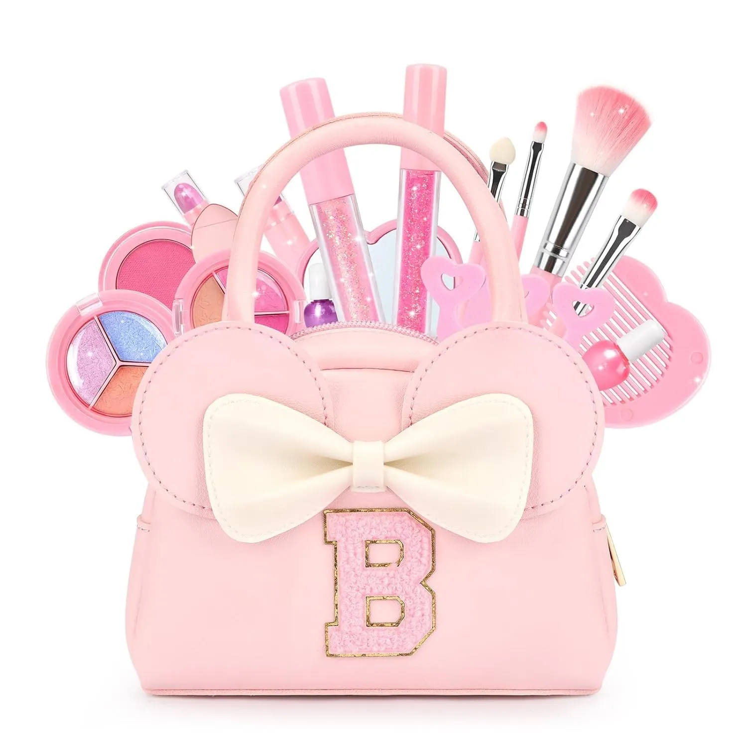 Kids Real Makeup Kit for Girls - 18Pcs Non-Toxic Washable Make Up Toys with Initial Toddler Purse - Personalized Birthday Gifts for Age 3 4 5 6 7 8 9 10 Years Old Girls Vanity Set - B