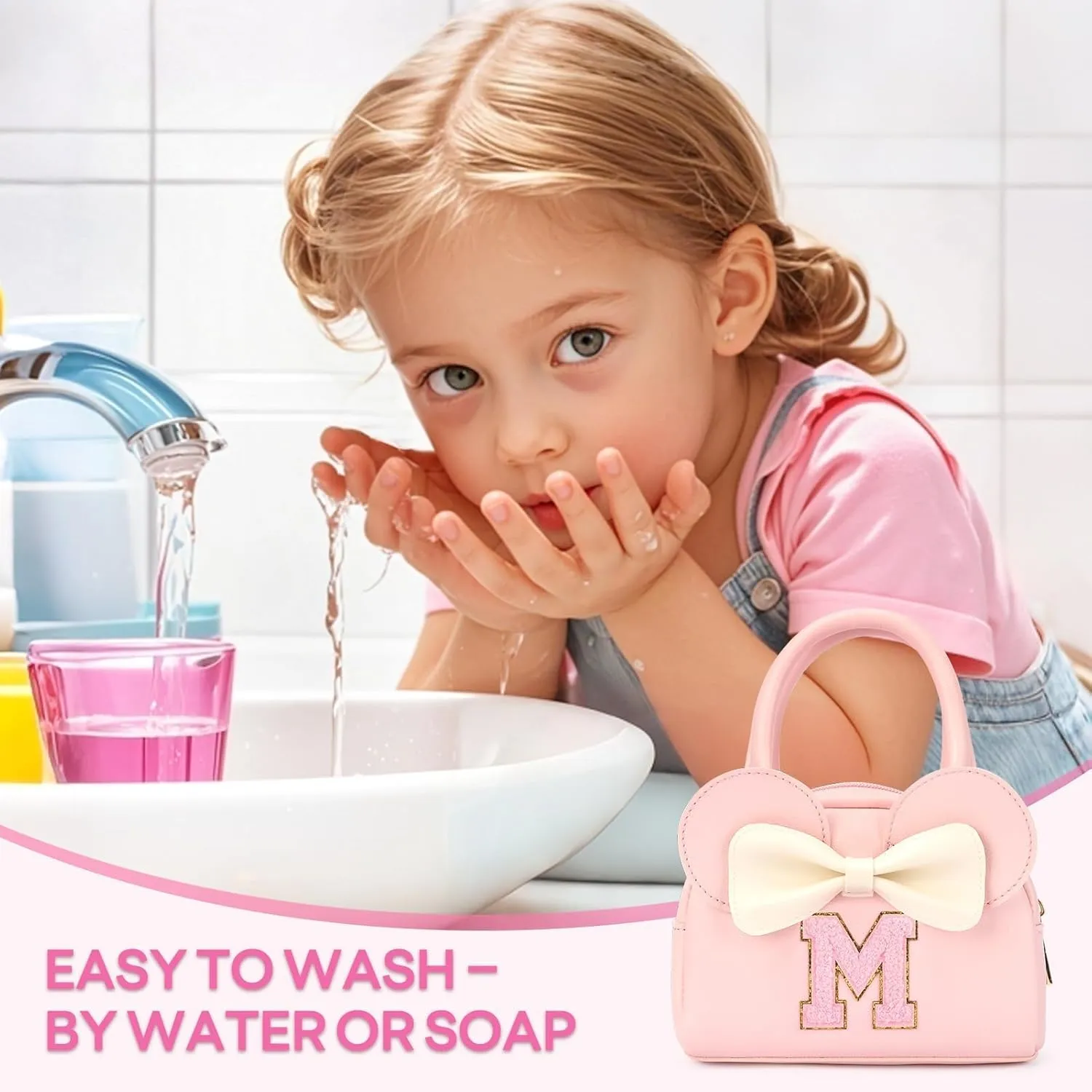 Kids Real Makeup Kit for Girls - 18Pcs Non-Toxic Washable Make Up Toys with Initial Toddler Purse - Personalized Birthday Gifts for Age 3 4 5 6 7 8 9 10 Years Old Girls Vanity Set - M