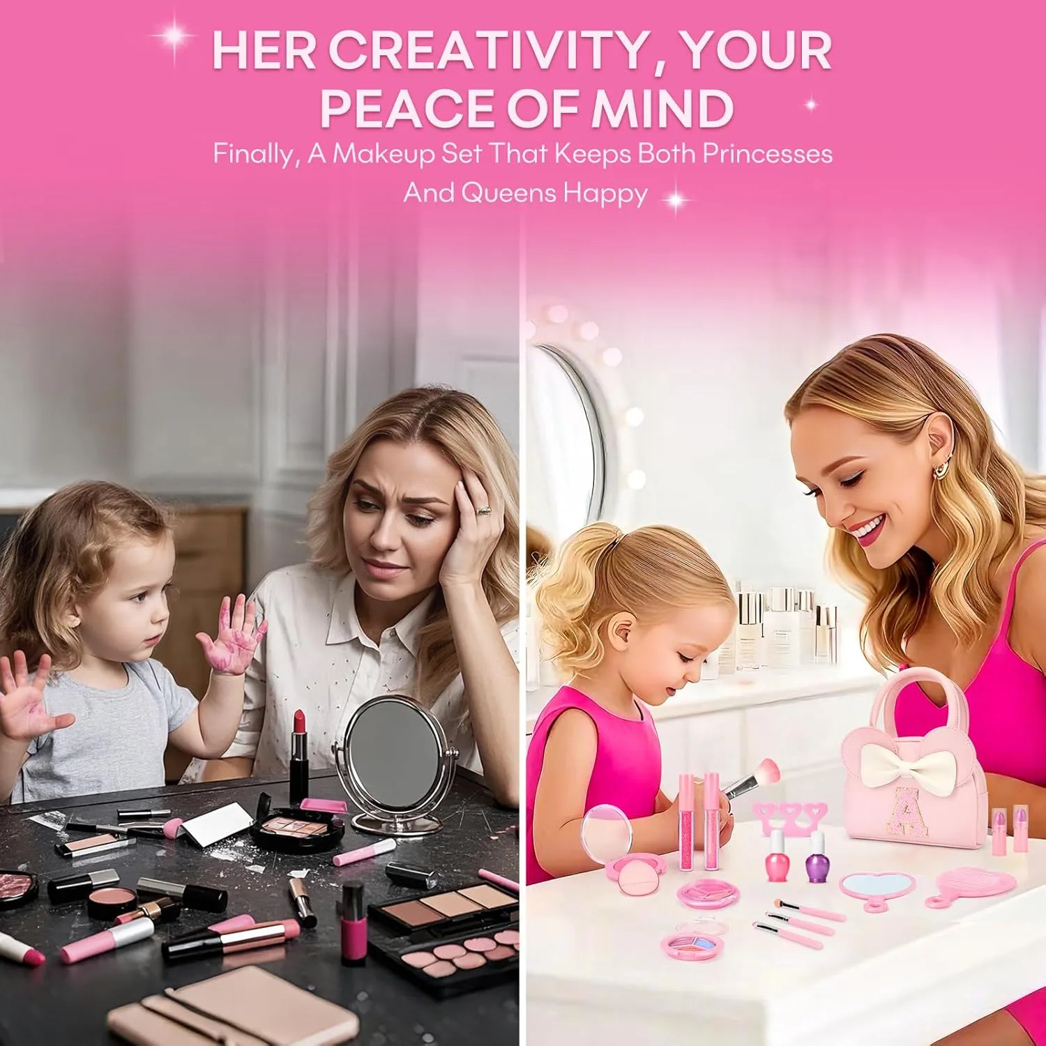 Kids Real Makeup Kit for Girls - 18Pcs Non-Toxic Washable Make Up Toys with Initial Toddler Purse - Personalized Birthday Gifts for Age 3 4 5 6 7 8 9 10 Years Old Girls Vanity Set - M