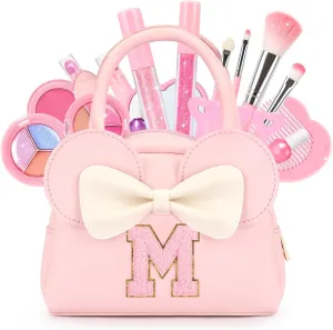 Kids Real Makeup Kit for Girls - 18Pcs Non-Toxic Washable Make Up Toys with Initial Toddler Purse - Personalized Birthday Gifts for Age 3 4 5 6 7 8 9 10 Years Old Girls Vanity Set - M