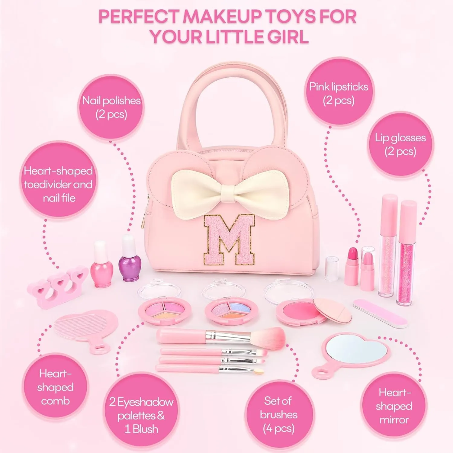 Kids Real Makeup Kit for Girls - 18Pcs Non-Toxic Washable Make Up Toys with Initial Toddler Purse - Personalized Birthday Gifts for Age 3 4 5 6 7 8 9 10 Years Old Girls Vanity Set - M