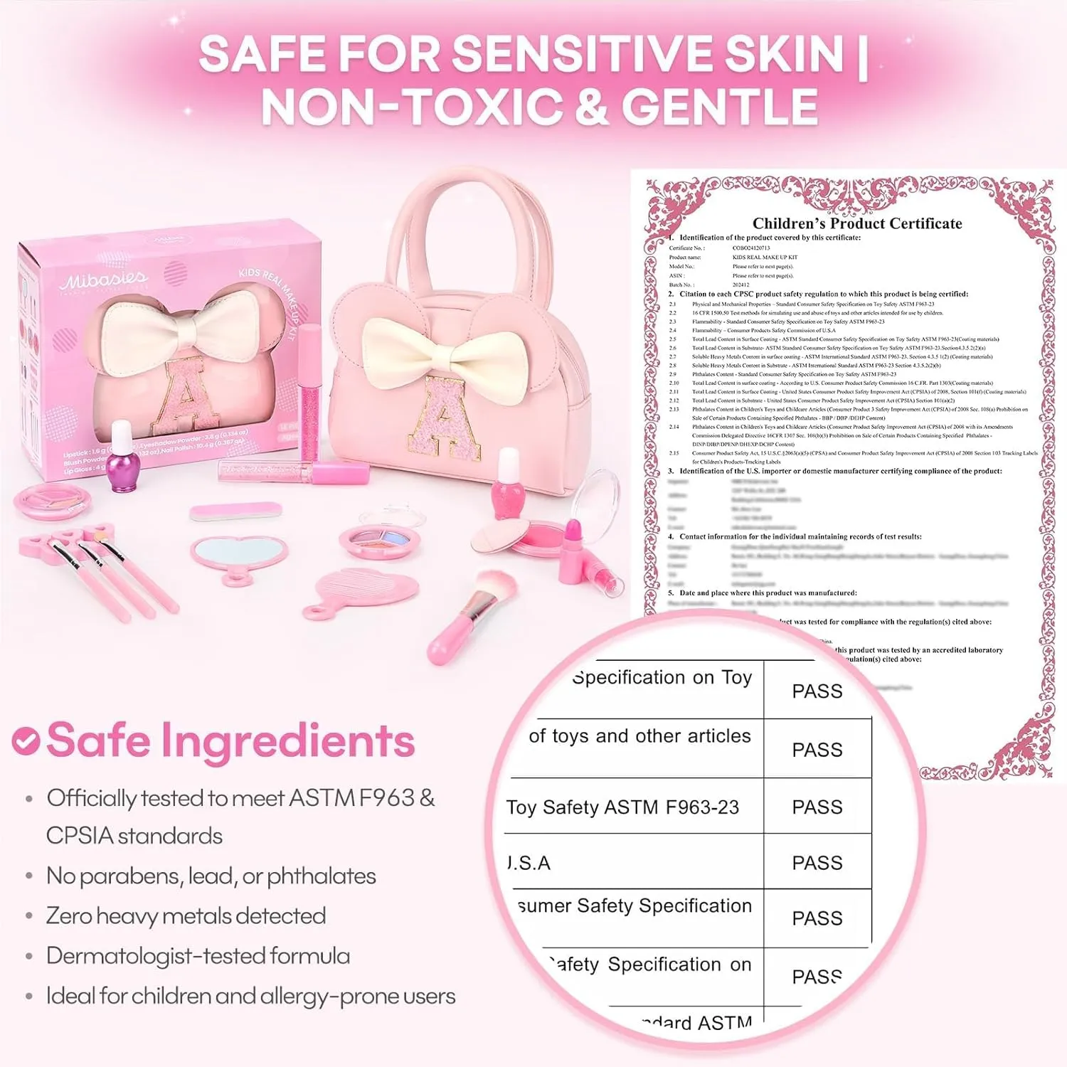 Kids Real Makeup Kit for Girls - 18Pcs Non-Toxic Washable Make Up Toys with Initial Toddler Purse - Personalized Birthday Gifts for Age 3 4 5 6 7 8 9 10 Years Old Girls Vanity Set - M