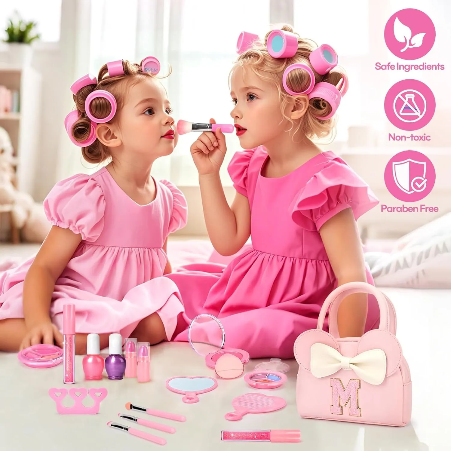 Kids Real Makeup Kit for Girls - 18Pcs Non-Toxic Washable Make Up Toys with Initial Toddler Purse - Personalized Birthday Gifts for Age 3 4 5 6 7 8 9 10 Years Old Girls Vanity Set - M
