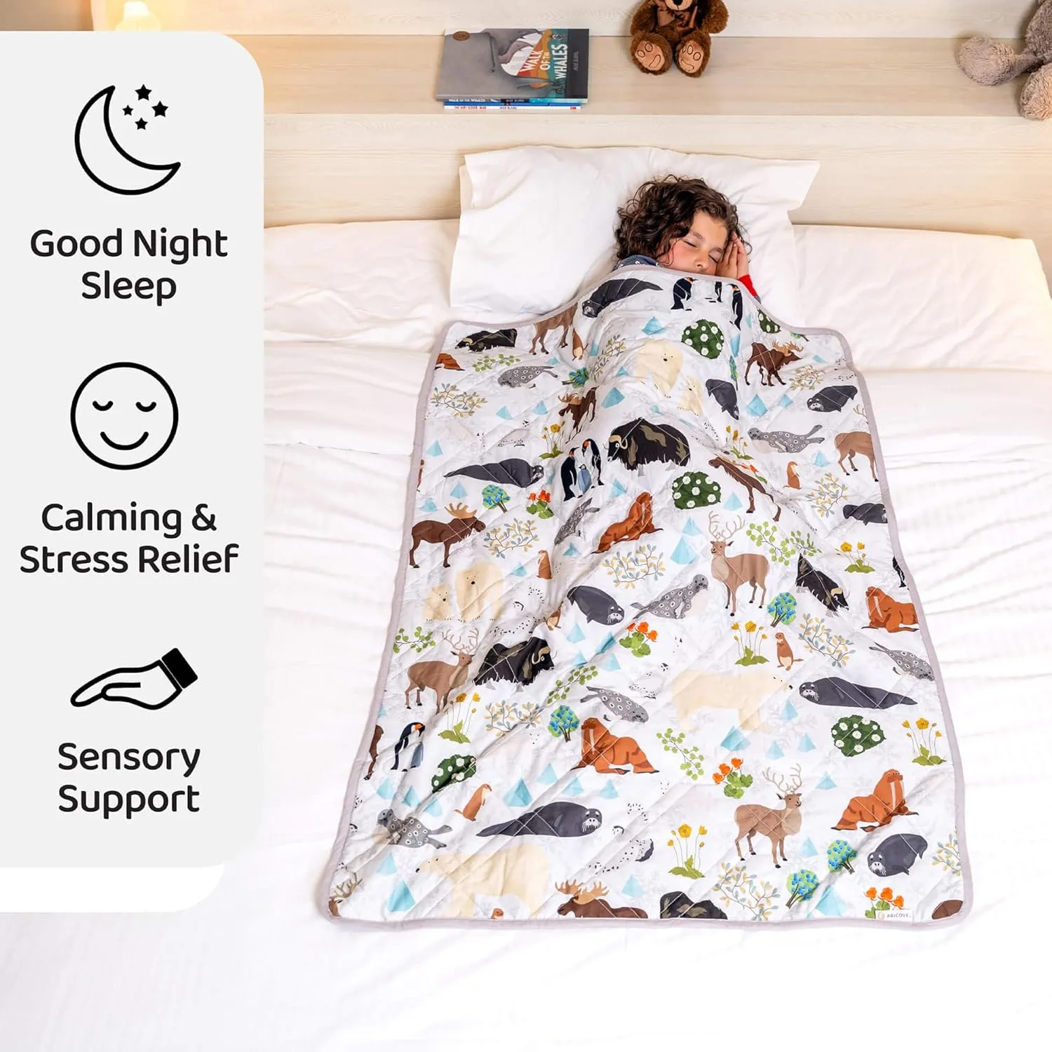 Kids Weighted Blanket, 5 lb, 36x48 inches, Small Size, Soft Cotton, Machine Washable, Grey/Snow Animals