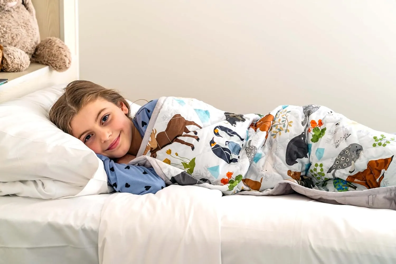 Kids Weighted Blanket, 5 lb, 36x48 inches, Small Size, Soft Cotton, Machine Washable, Grey/Snow Animals