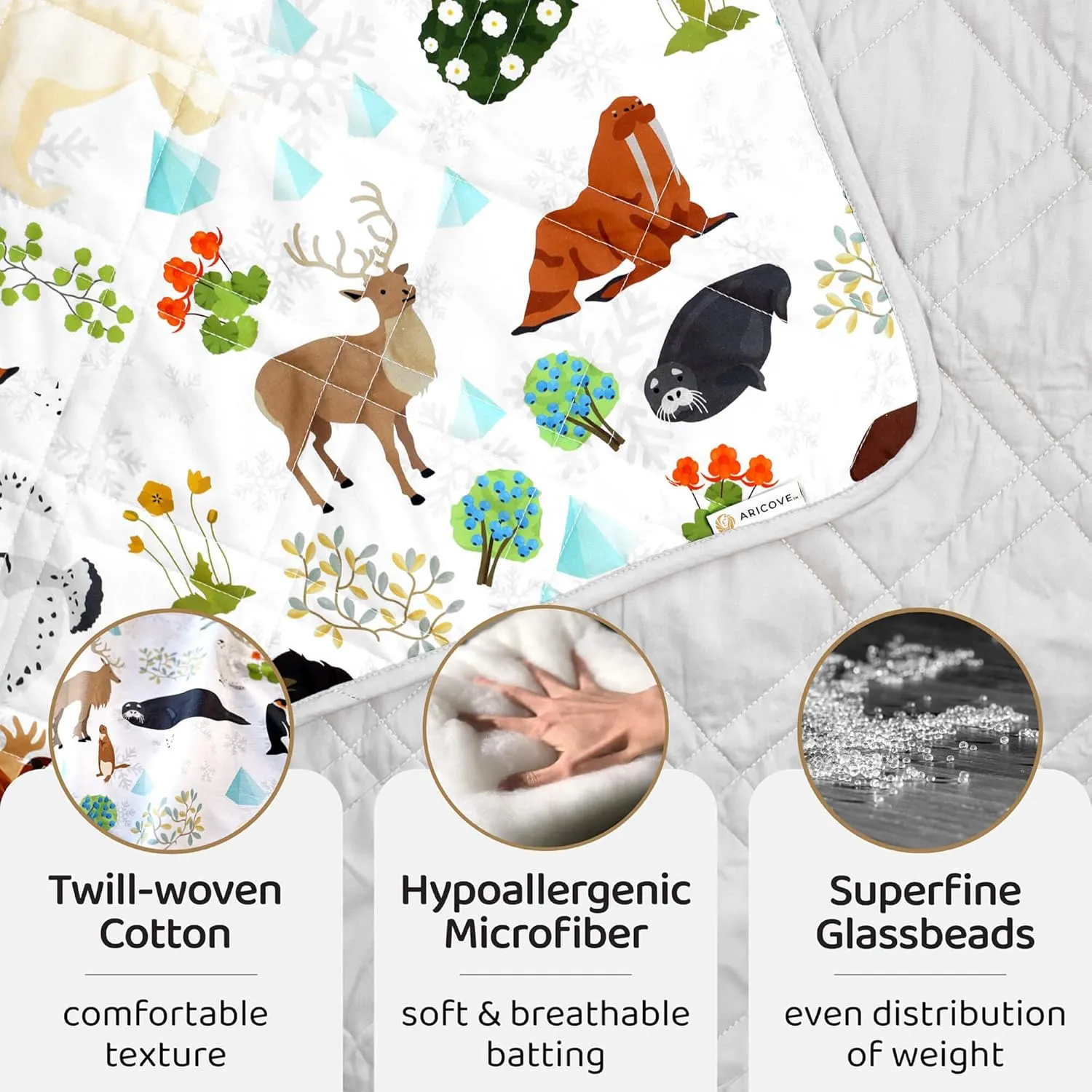 Kids Weighted Blanket, 5 lb, 36x48 inches, Small Size, Soft Cotton, Machine Washable, Grey/Snow Animals