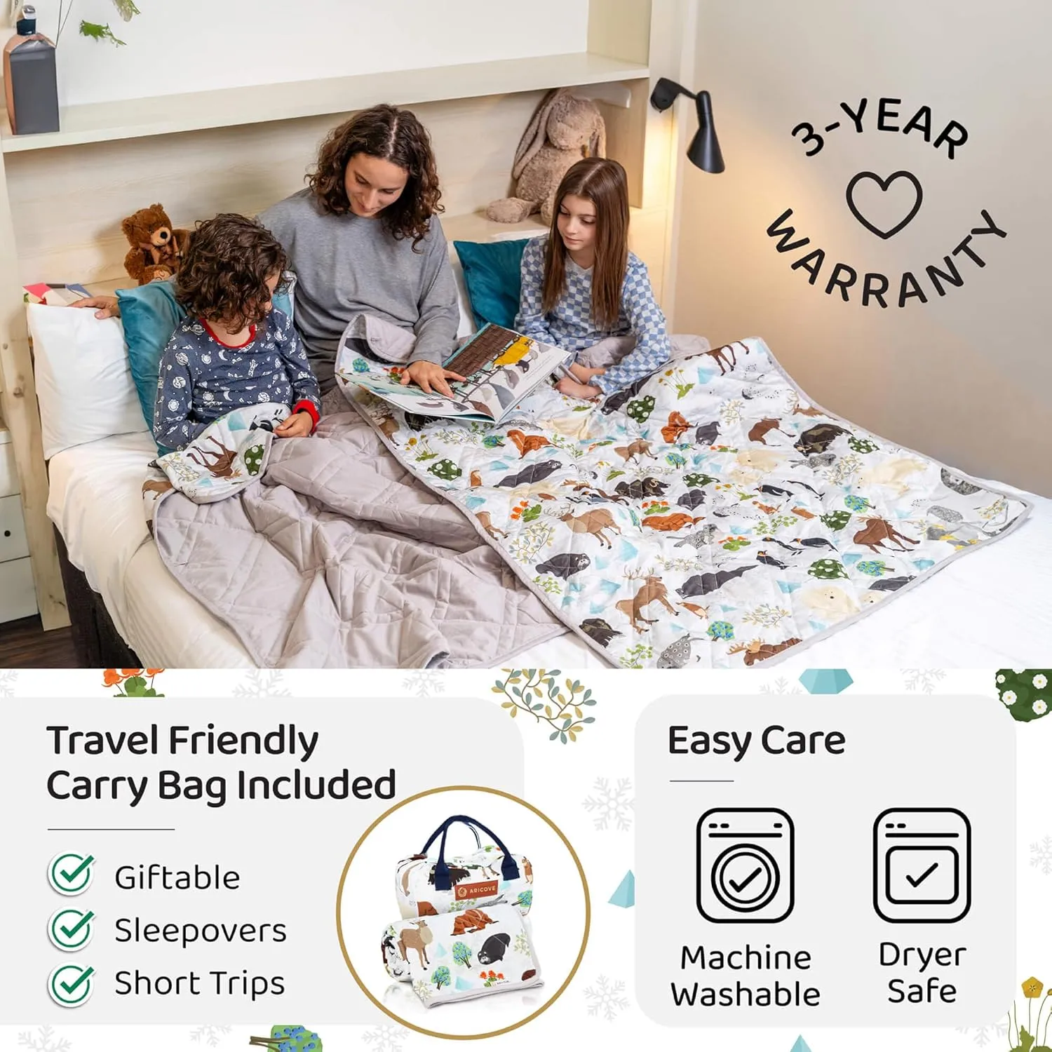 Kids Weighted Blanket, 5 lb, 36x48 inches, Small Size, Soft Cotton, Machine Washable, Grey/Snow Animals
