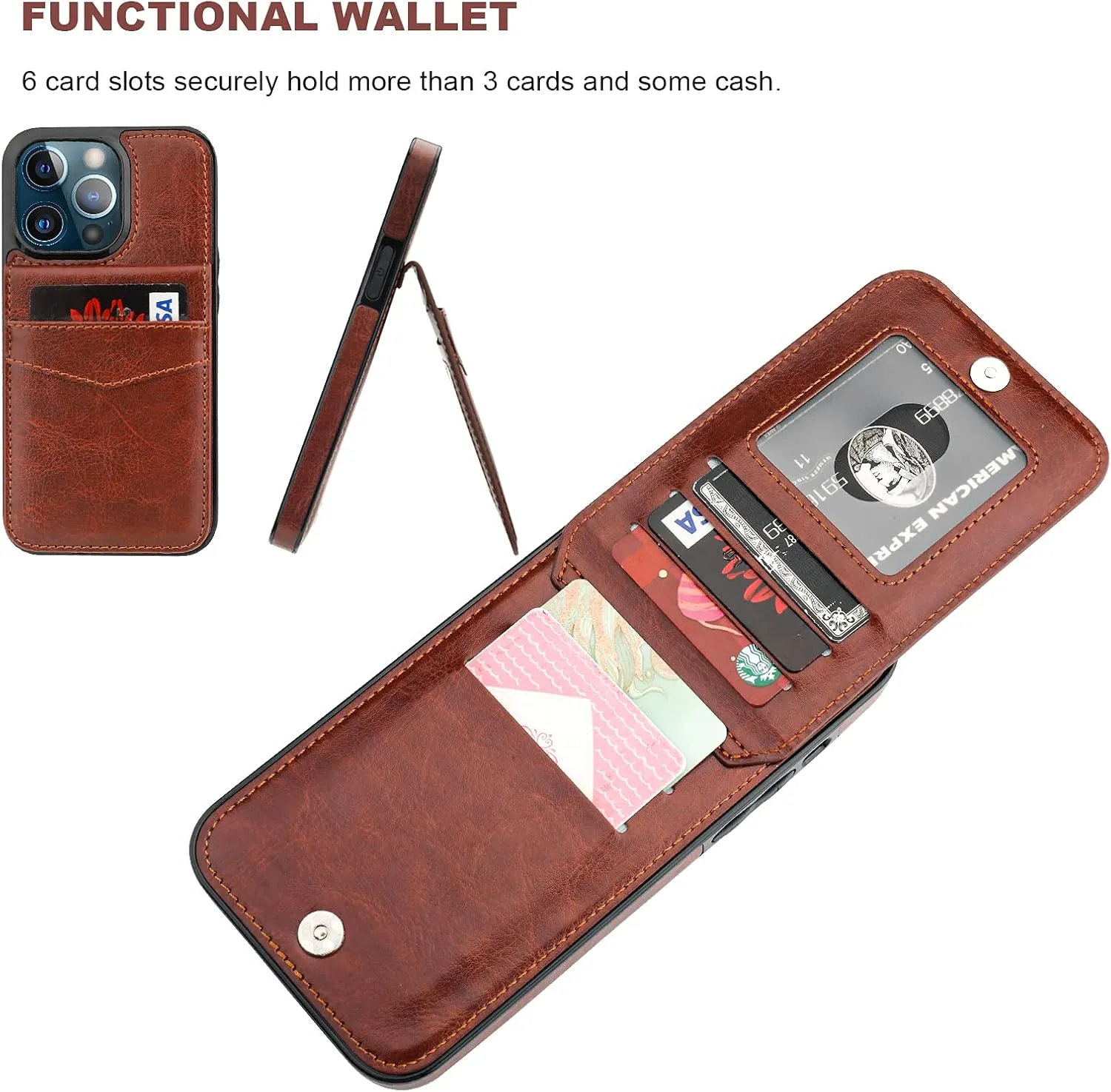 KIHUWEY Compatible with iPhone 13 Pro Max Case Wallet with Credit Card Holder, Premium Leather Magnetic Clasp Kickstand Heavy Duty Protective Cover for iPhone 13 Pro Max 6.7 Inch(Brown)
