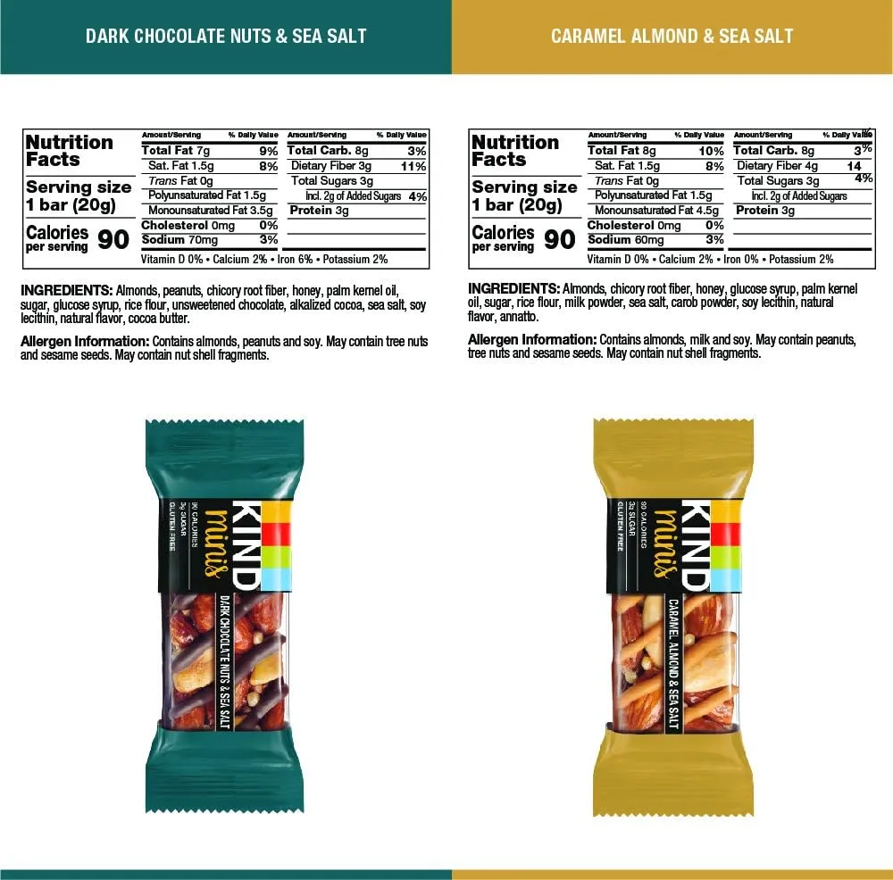 Kind Minis, Variety Pack. Contains 1 Caramel Almond & ‎Sea Salt, and 1 Dark Chocolate Nuts & Sea Salt, Low ‎Calorie, Gluten Free, Low Sugar, Healthy Snacks, Ilios ‎Packaging. [20 Bars]‎