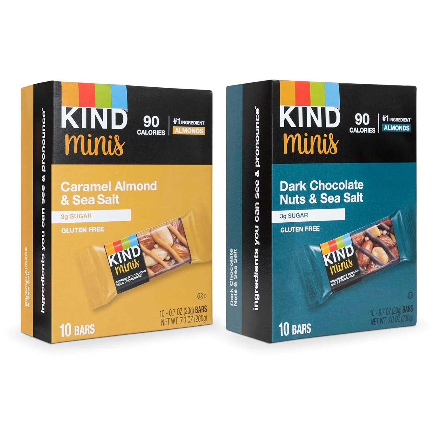 Kind Minis, Variety Pack. Contains 1 Caramel Almond & ‎Sea Salt, and 1 Dark Chocolate Nuts & Sea Salt, Low ‎Calorie, Gluten Free, Low Sugar, Healthy Snacks, Ilios ‎Packaging. [20 Bars]‎