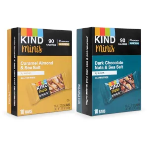 Kind Minis, Variety Pack. Contains 1 Caramel Almond & ‎Sea Salt, and 1 Dark Chocolate Nuts & Sea Salt, Low ‎Calorie, Gluten Free, Low Sugar, Healthy Snacks, Ilios ‎Packaging. [20 Bars]‎