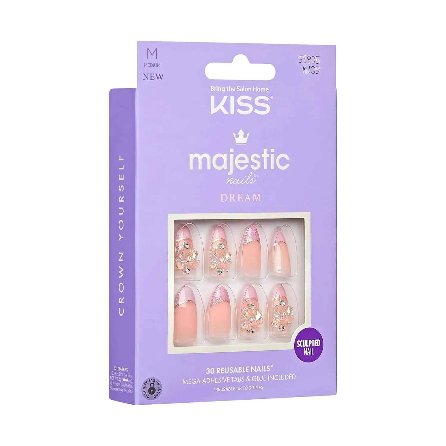 KISS Majestic, Press-On Nails, Nail Glue Included, 'Maestro', Light Pink, Medium Size, Almond Shape, 30 Nails, 2G Glue, 2 Manicure Stick, 1 Mini File, 2 Prep. Pad, 2 Adhesive Tabs, Instruction Sheet