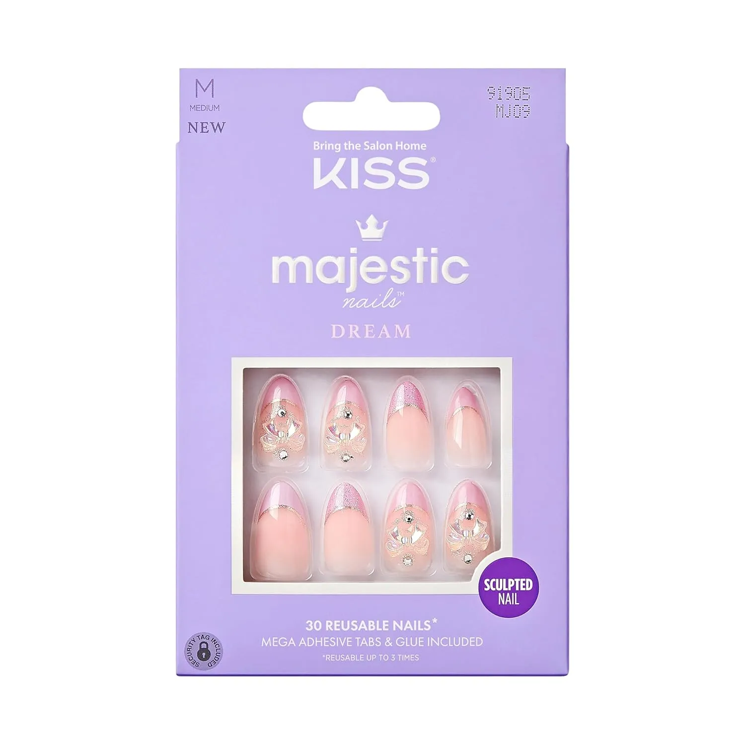 KISS Majestic, Press-On Nails, Nail Glue Included, 'Maestro', Light Pink, Medium Size, Almond Shape, 30 Nails, 2G Glue, 2 Manicure Stick, 1 Mini File, 2 Prep. Pad, 2 Adhesive Tabs, Instruction Sheet