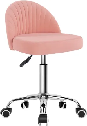 KKTONER Rolling Stool Swivel Office Chair Velvet Vanity Chairs Height Adjustable stools with Back for Bedroom Home Makeup Cosmetic Drafting(Pink)