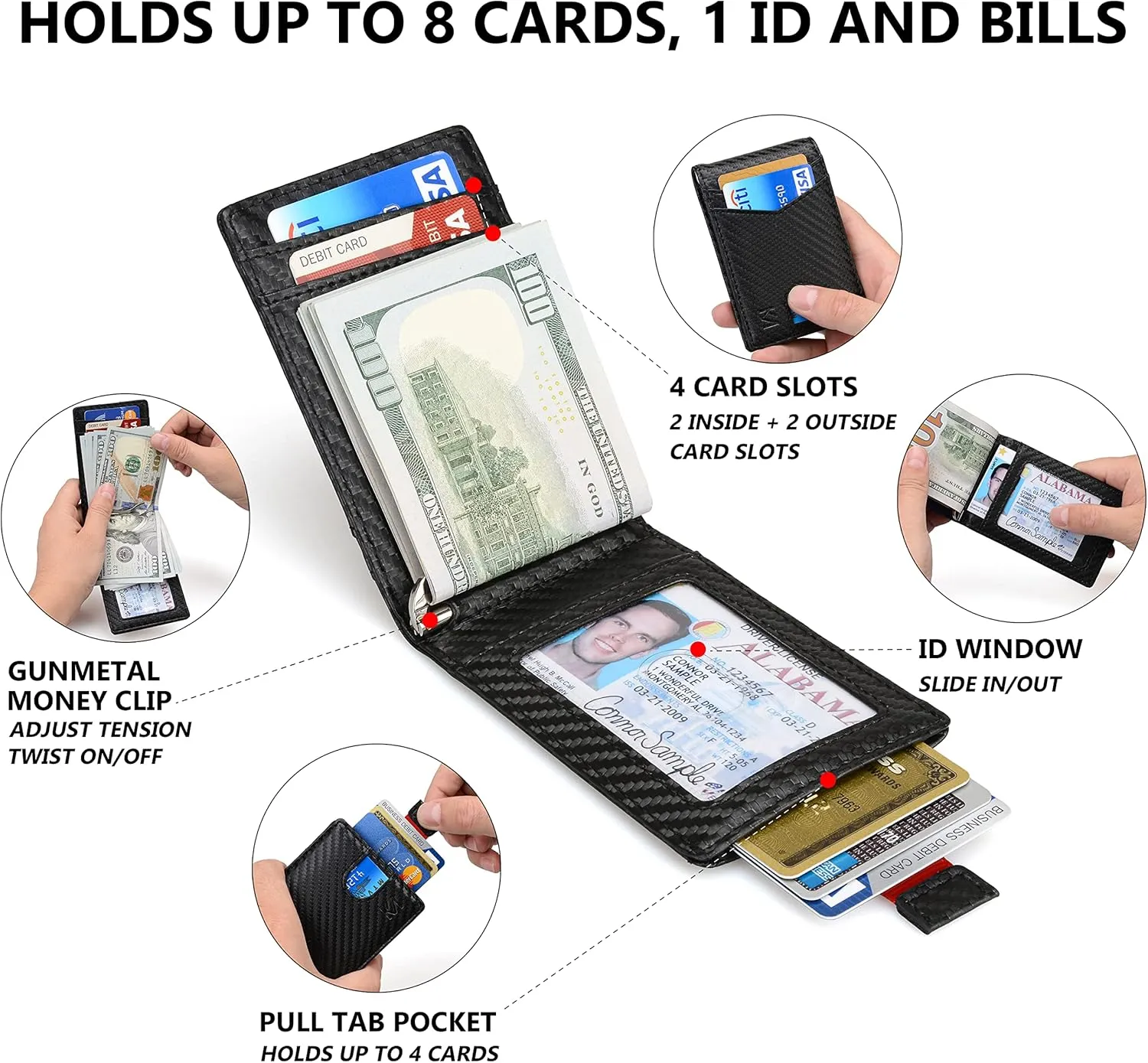 KM Legend RFID Blocking Leather Money Clip Wallet for Men - Slim Bifold Front Pocket Credit Card Holder with Secure Clip