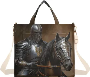 Knight Horse Armor Corduroy Tote Bag for Women Large Shoulder Bag with Pockets for Beach Work Travel Shopping S