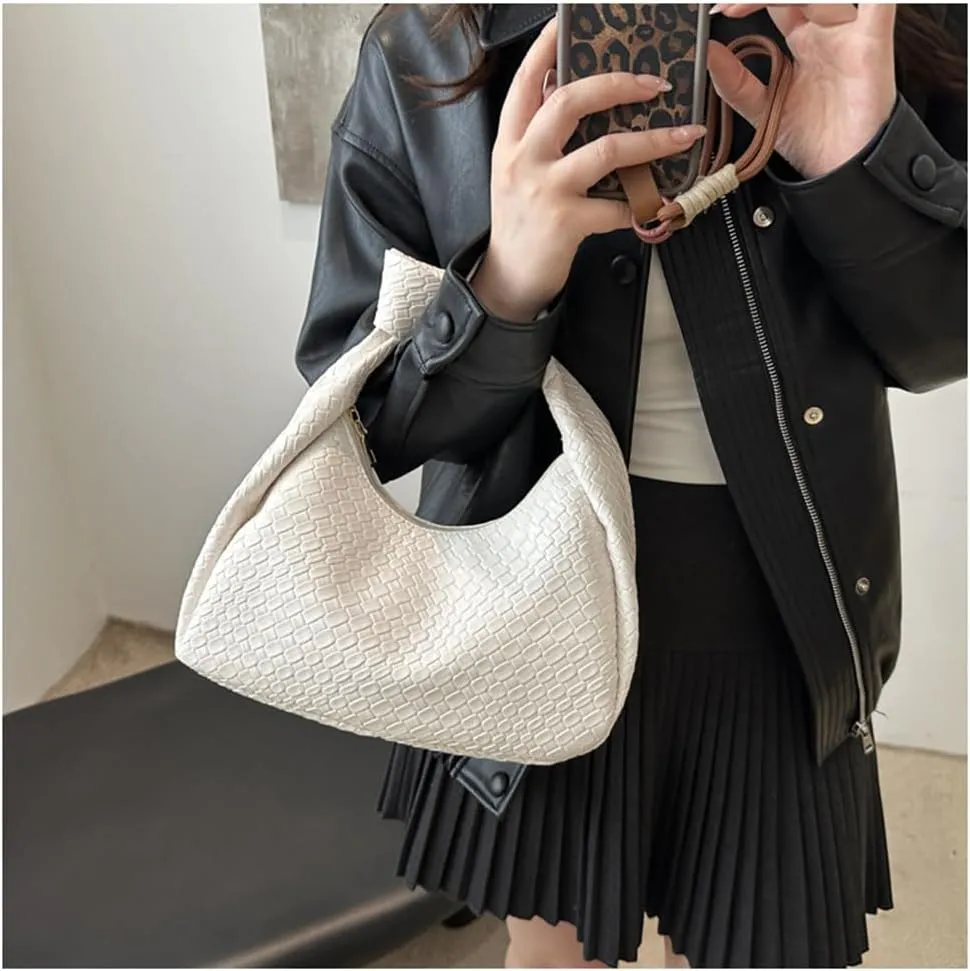 Knoted Top Handle Woven Tote Bag Leather Woven Crescent Handbag Woven Hobo Dumpling Bag Woven Handbag and Purse