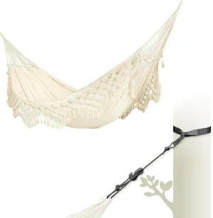 LA SIESTA® Bossanova Organic Cotton Hammock & Tree Mount Kit - Boho Hammock with Straps for Trees Beams Posts - Handmade in Brazil - Indoor Outdoor Hammock Bed, 2 Person Hammock - XL King, Latte