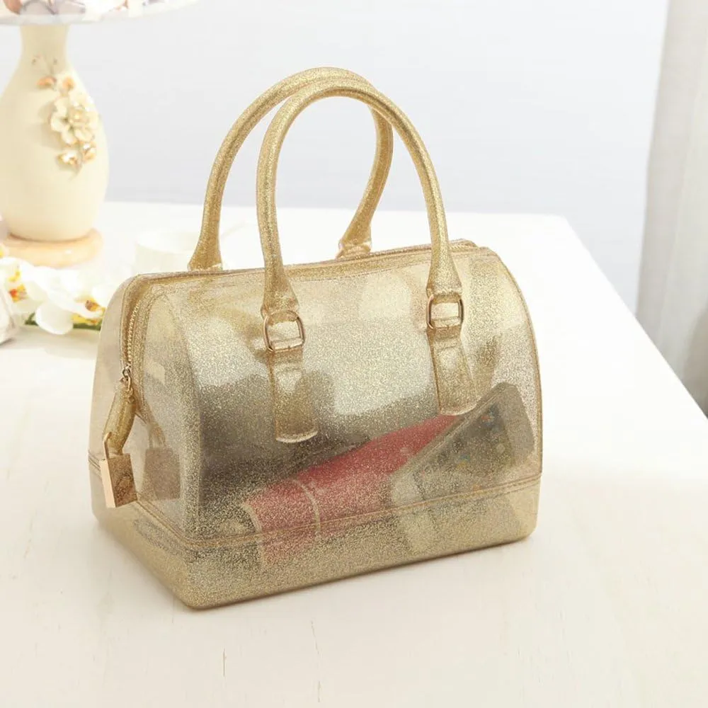 Ladies Summer Jelly Pillow-shaped Top Handle Handbag Candy Color Transparent Crystal Purse