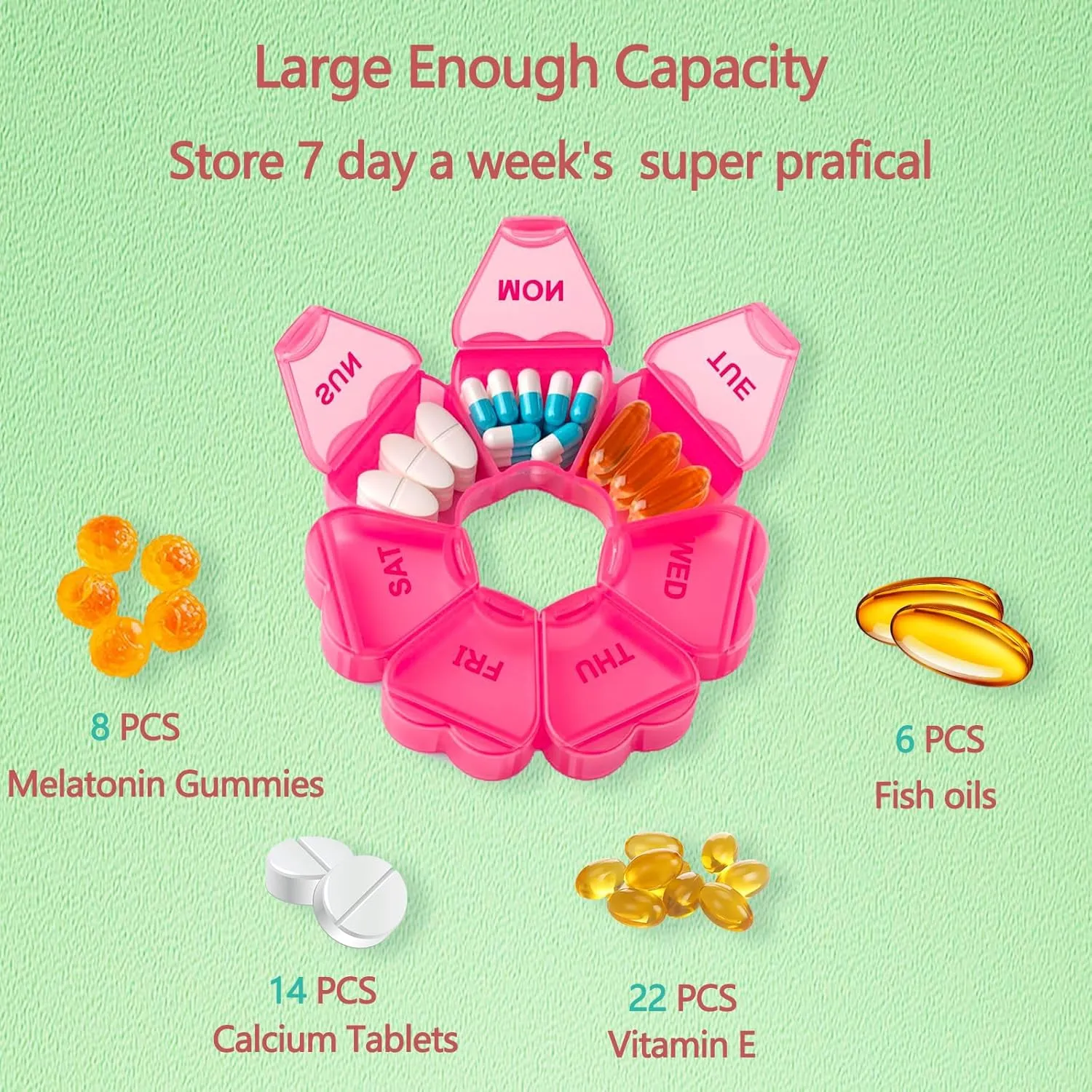Large Weekly Pill Organizer,7 Day Cute Heart Pill Organizer,Weekly Container for Fish Oil/Medicine/Supplements (Green1 Purple1)