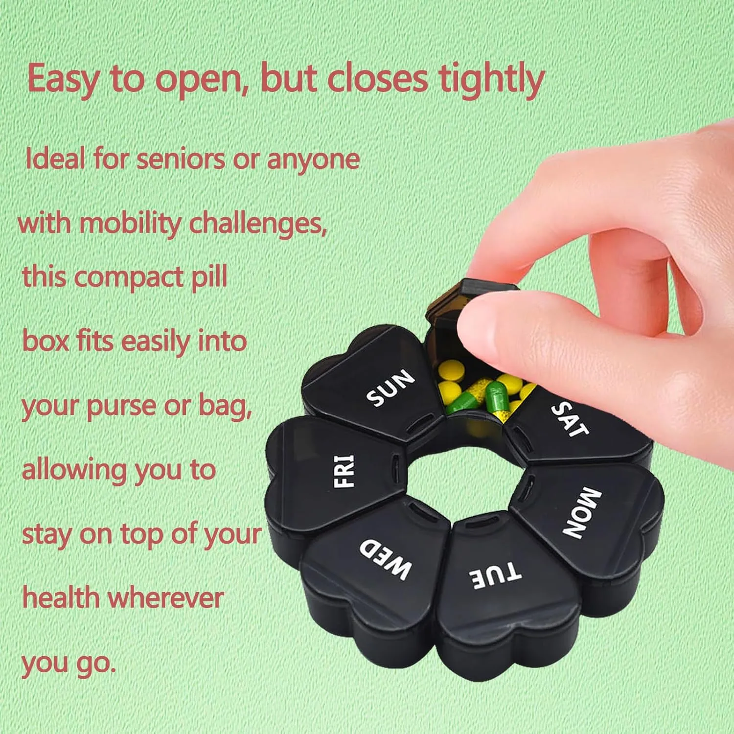 Large Weekly Pill Organizer,7 Day Cute Heart Pill Organizer,Weekly Container for Fish Oil/Medicine/Supplements (Green1 Purple1)
