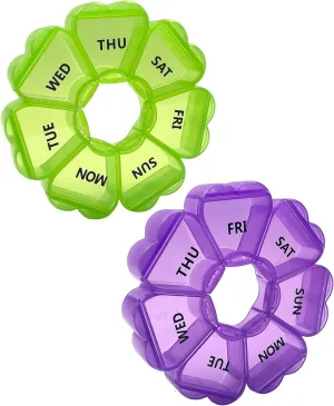 Large Weekly Pill Organizer,7 Day Cute Heart Pill Organizer,Weekly Container for Fish Oil/Medicine/Supplements (Green1 Purple1)