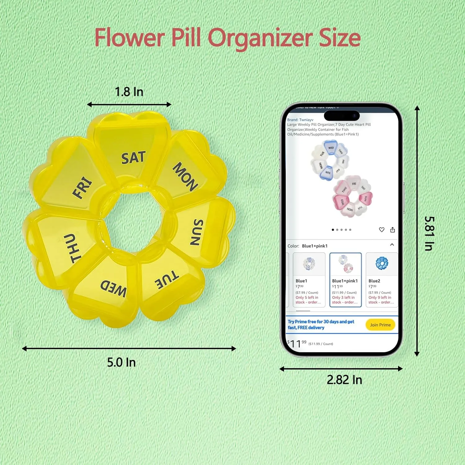 Large Weekly Pill Organizer,7 Day Cute Heart Pill Organizer,Weekly Container for Fish Oil/Medicine/Supplements (Green1 Purple1)