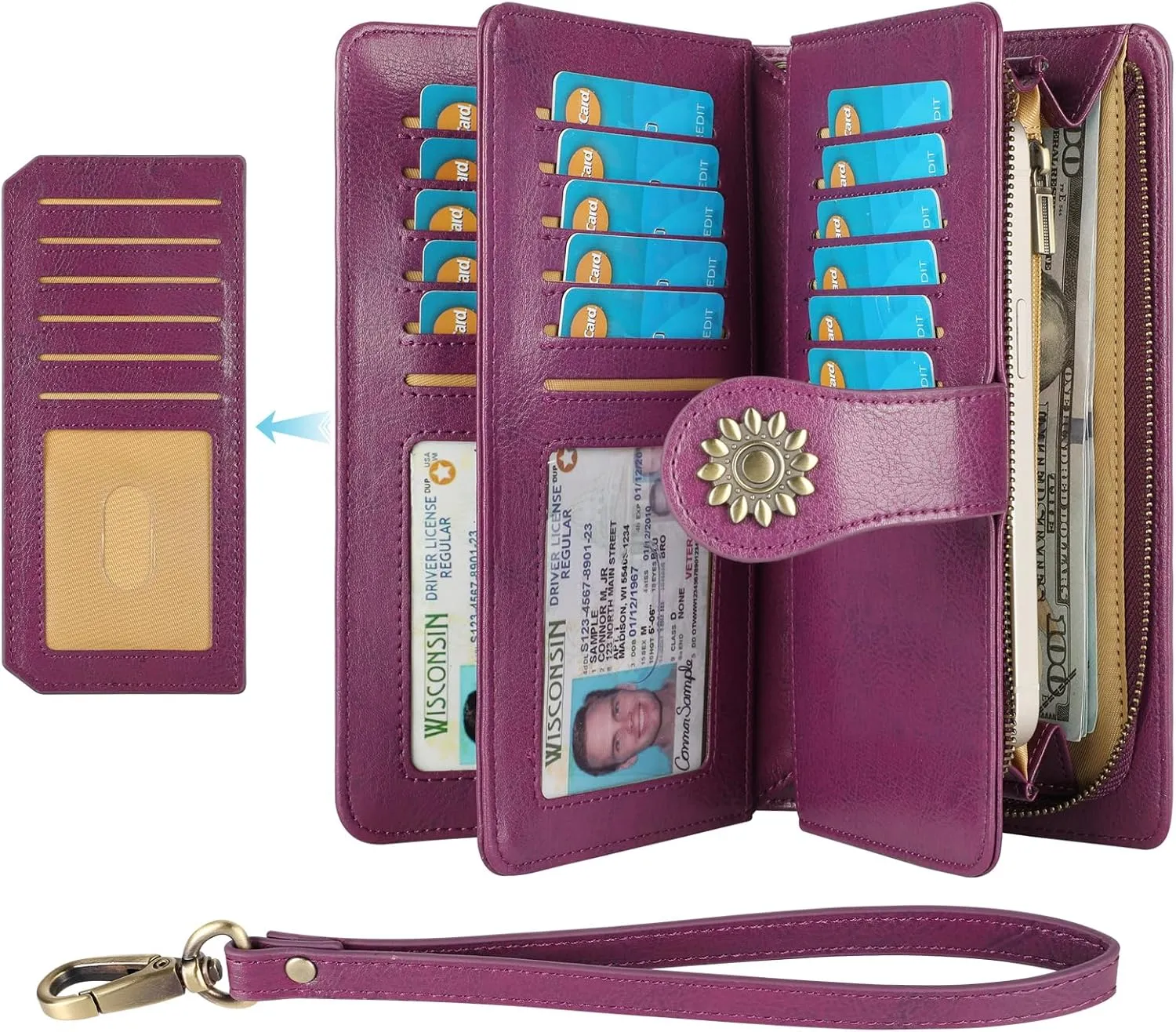 Lavemi Womens Genuine Leather Large Capacity RFID Blocking Wallets Clutch Card Holder With Wristlet Strap