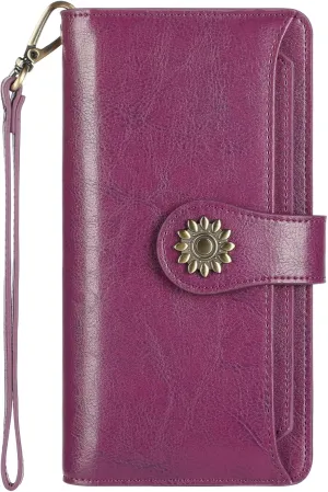 Lavemi Womens Genuine Leather Large Capacity RFID Blocking Wallets Clutch Card Holder With Wristlet Strap