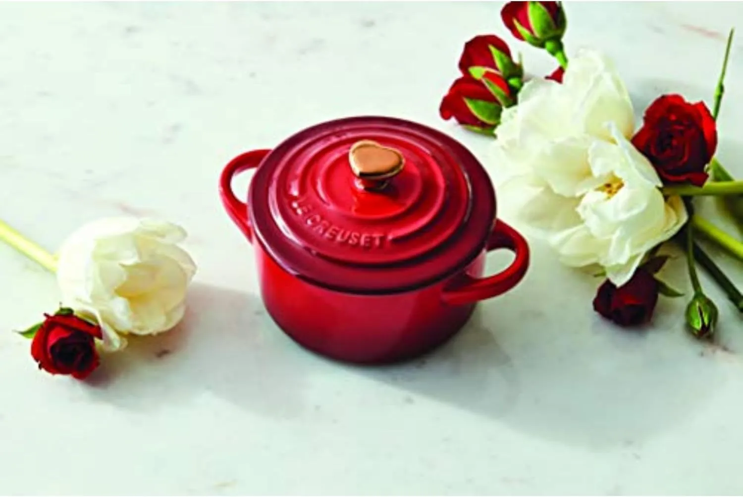 Le Creuset Stoneware Mini Round Cocotte, 8oz., Cerise with Gold Heart Knob
