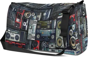 Leather Sport Gym Bag Retro Radio Sound Wave Box Illustration Weekender Bag for Women and Men Carry On Bag Vintage Radio Travel Duffel Bag