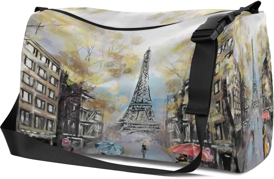 Leather Sport Gym Bag Romantic Paris Pattern Weekender Bag for Women and Men Carry On Bag Eiffel Tower Travel Duffel Bag