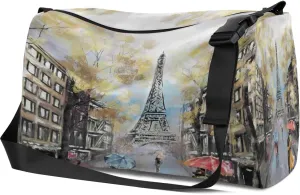 Leather Sport Gym Bag Romantic Paris Pattern Weekender Bag for Women and Men Carry On Bag Eiffel Tower Travel Duffel Bag