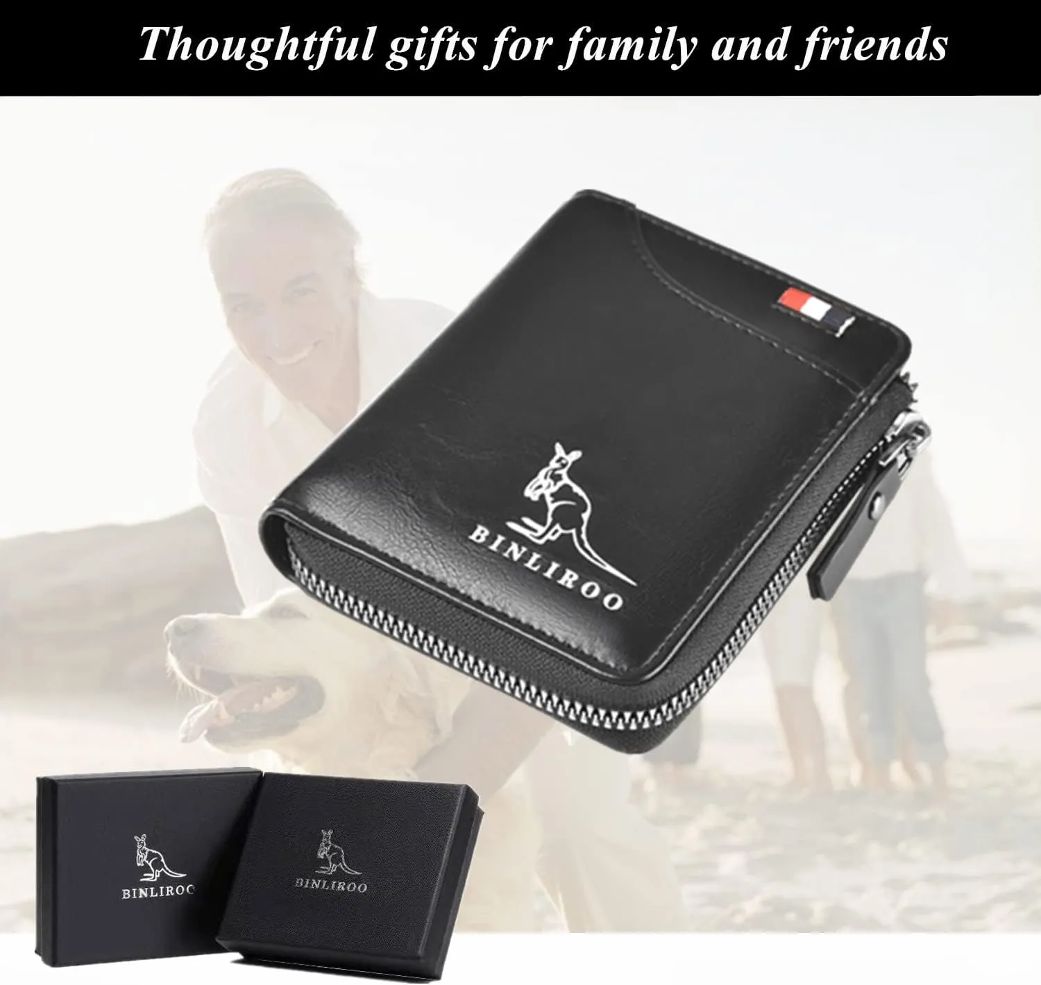 Leather Wallet for Men with zipper, RFID blocking bifold wallets with Separate ID Card window Cartera Para Hombre(black)