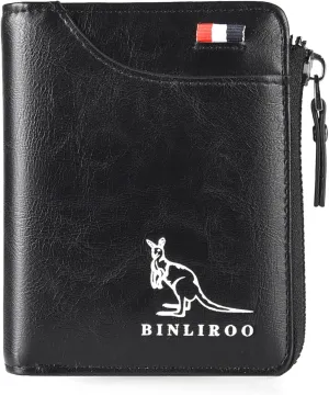 Leather Wallet for Men with zipper, RFID blocking bifold wallets with Separate ID Card window Cartera Para Hombre(black)