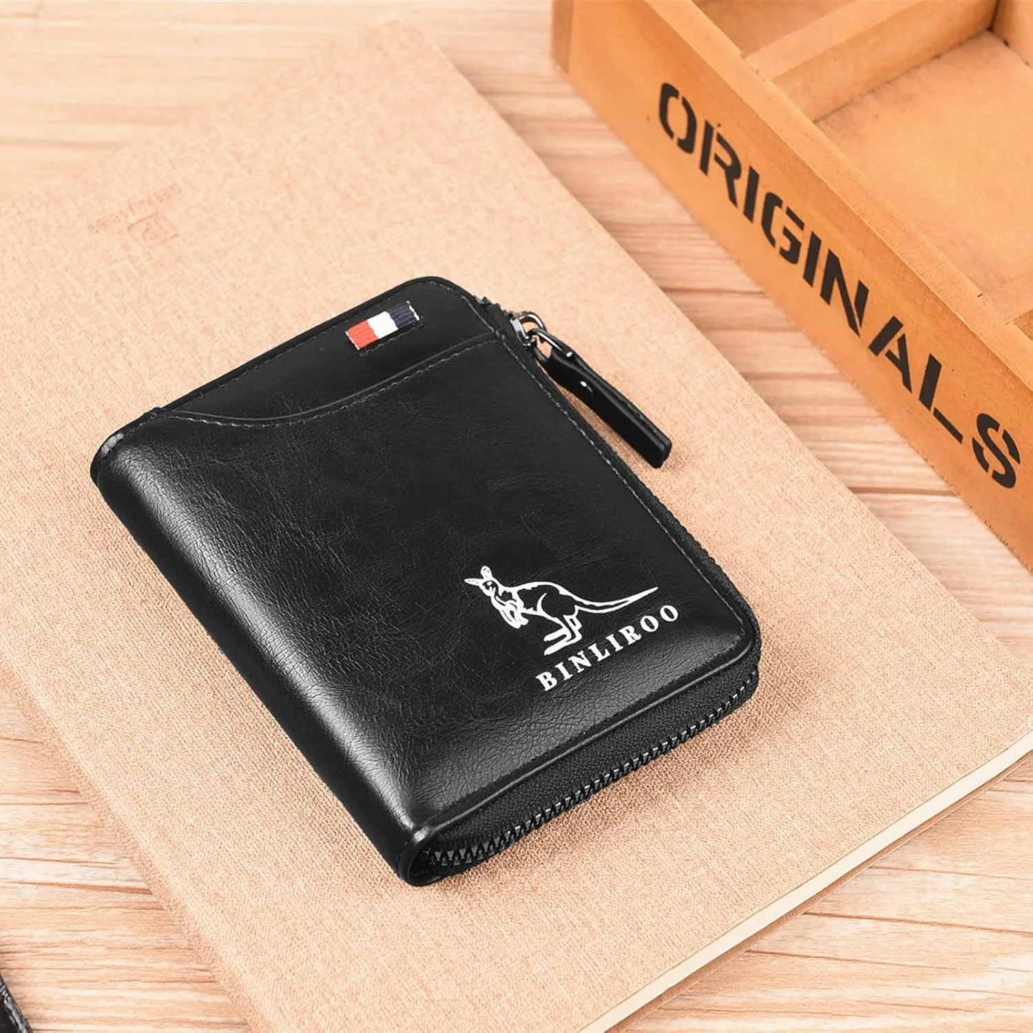 Leather Wallet for Men with zipper, RFID blocking bifold wallets with Separate ID Card window Cartera Para Hombre(black)