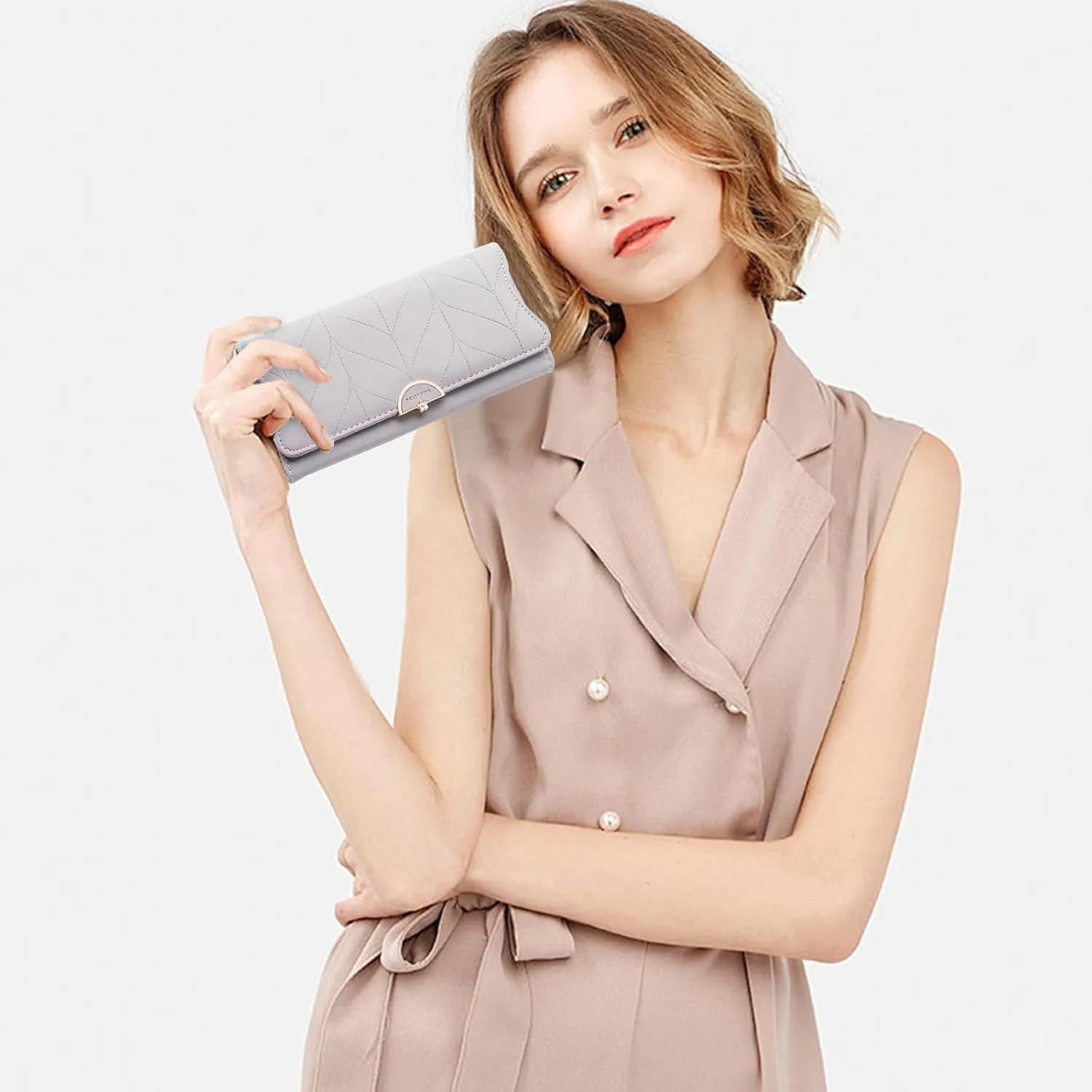 Leather Wallet for Women Trifold Womens' RFID Blocking Wallet Card Holder Purse Clutch with Zipper Coin Pocket,Light Purple