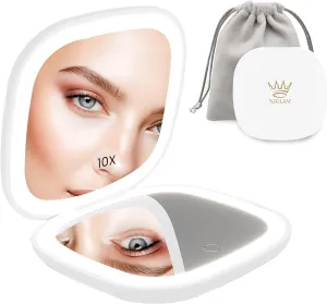 Led Compact Makeup Mirrors - 1X &10X Lighted Mirror, Portable Double Sided Light Makeup Mirror, USB Charging, 3 Light Setting and Dimmable with Memory Touch Switch Folding Mirror, (White)