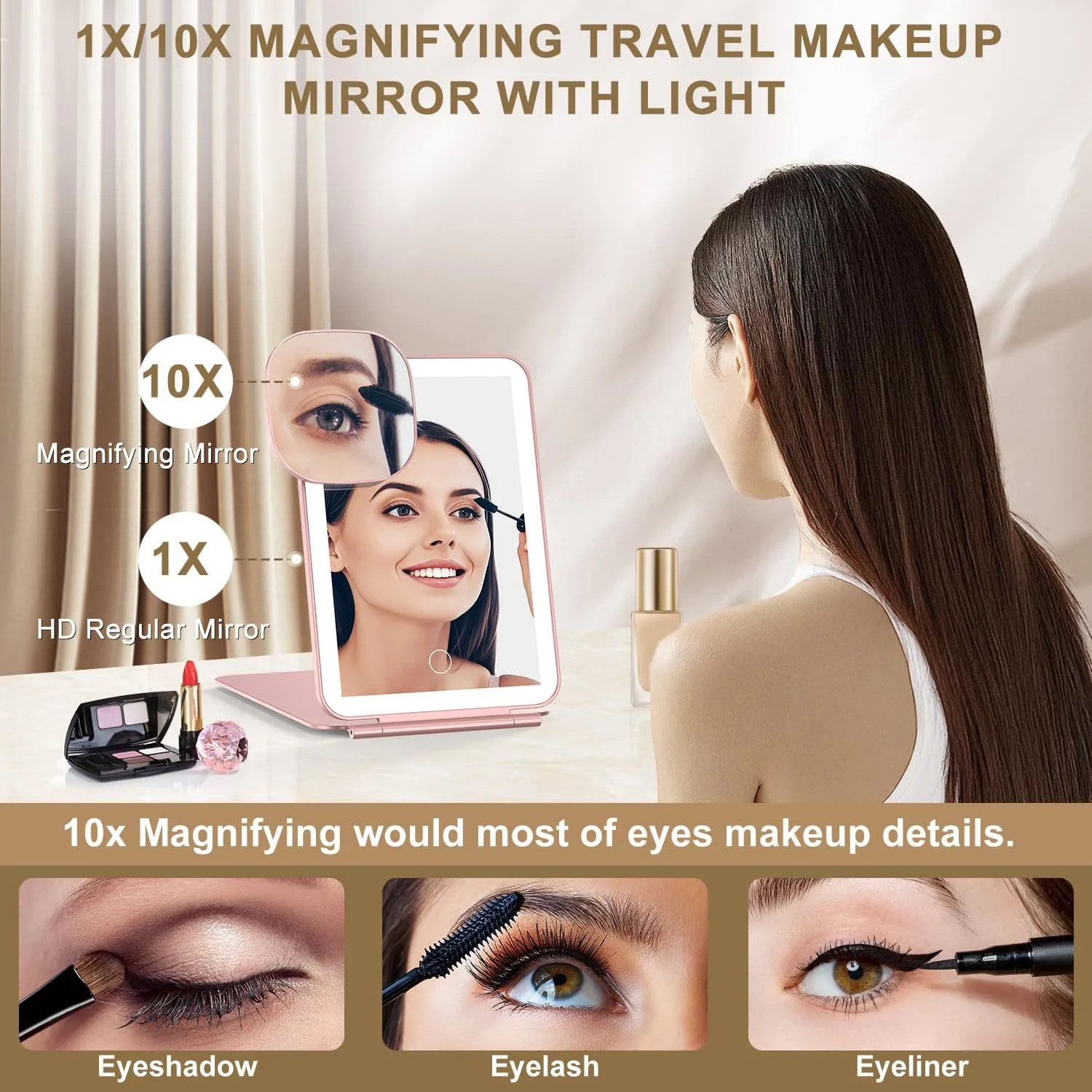 LED Foldable Travel Makeup Mirror - 5x7 inches 3 Colors Light Modes USB Rechargeable Touch Screen, Portable Tabletop Cosmetic for Travel, Cosmetic, Office (Rose Gold)