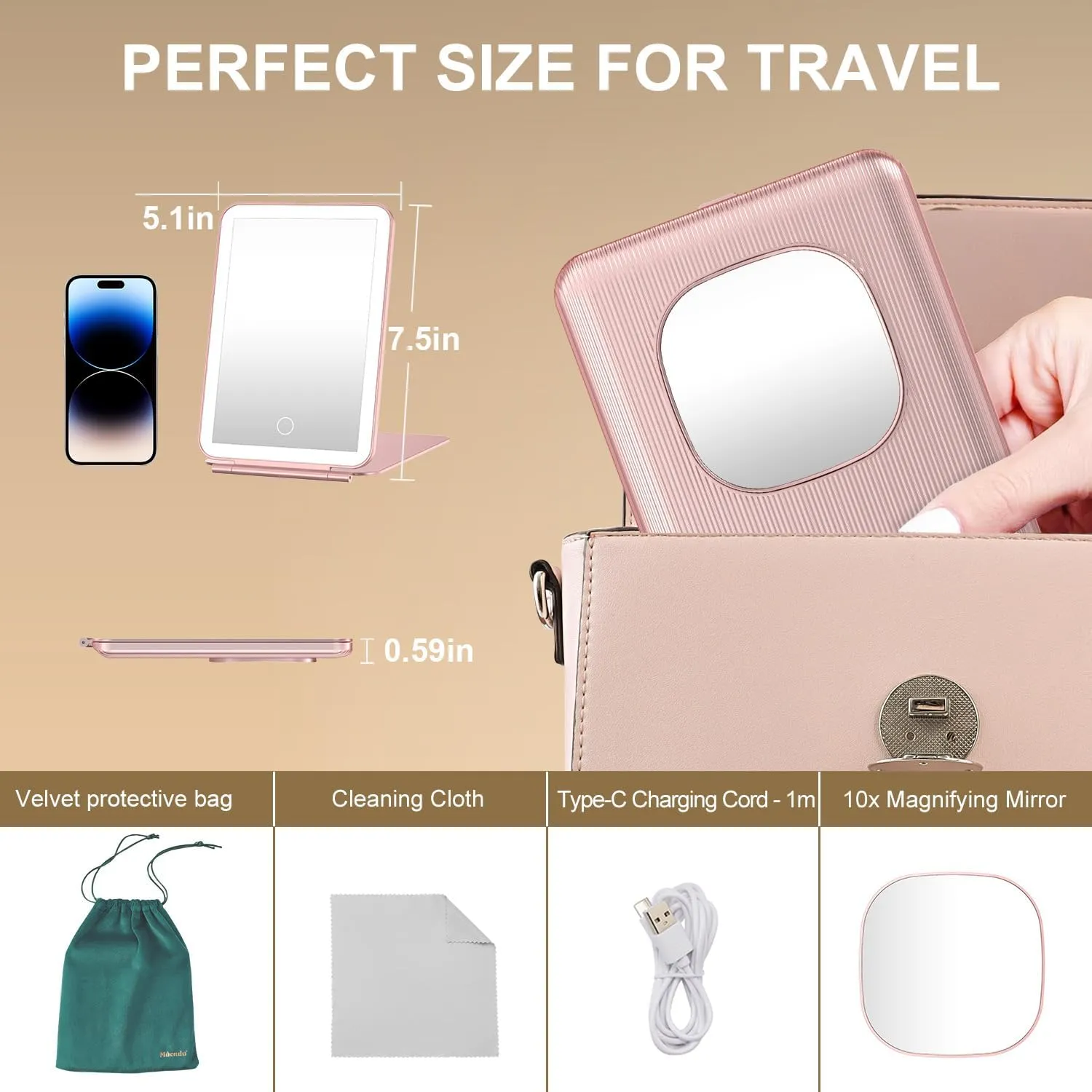 LED Foldable Travel Makeup Mirror - 5x7 inches 3 Colors Light Modes USB Rechargeable Touch Screen, Portable Tabletop Cosmetic for Travel, Cosmetic, Office (Rose Gold)